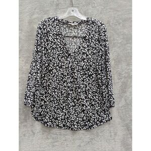 Two By Vince Camuto Blouse Womens Medium Black Floral V Neck Tunic Top Stretch